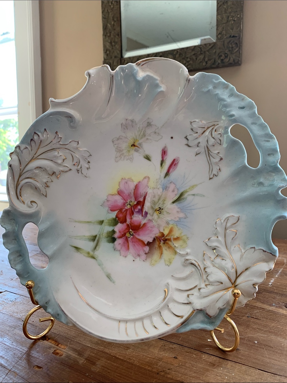 Vintage Porcelain Scalloped-edge Tray with Hand-Painted Florals and Gold Trim